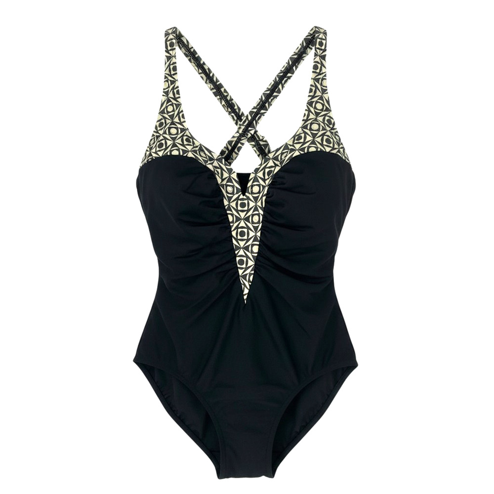 Shape Detector x Carol Wior Sz 14 Black Geometric Trim One Piece Swimsuit